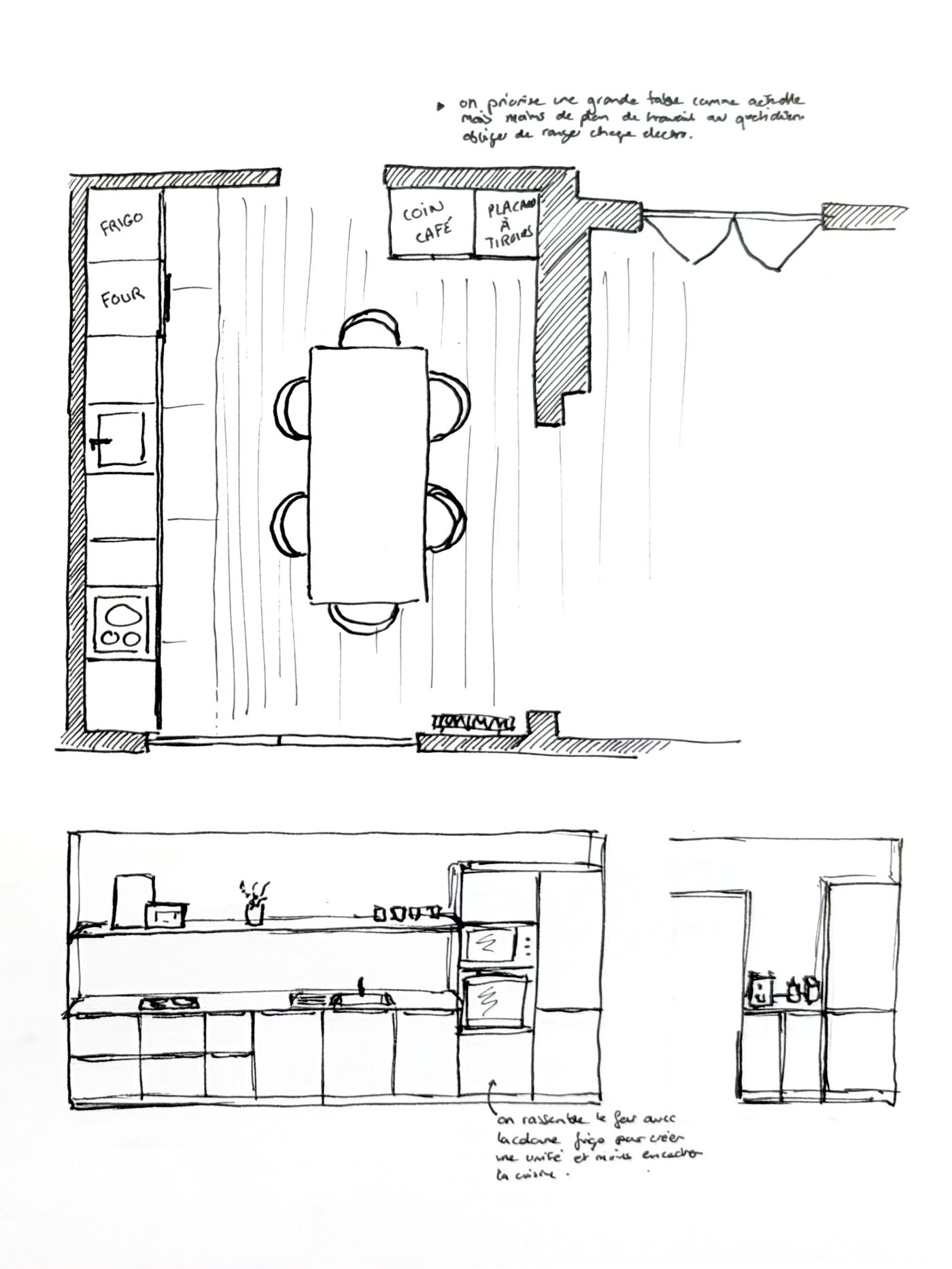 Projet Perrières : croquis d'une cuisine repensée